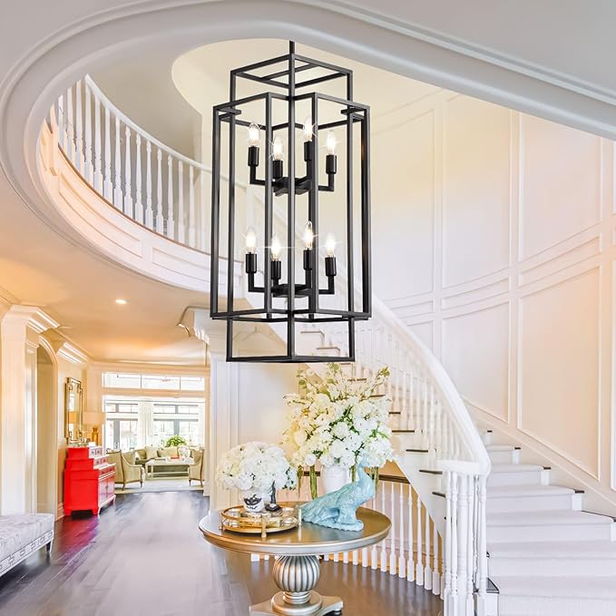 Black Farmhouse Chandelier, Large Chandeliers for High Ceilings, 8-Light Tiered Lantern Pendant Light Modern Foyer Lighting Fixtures, for Entryway Staircase