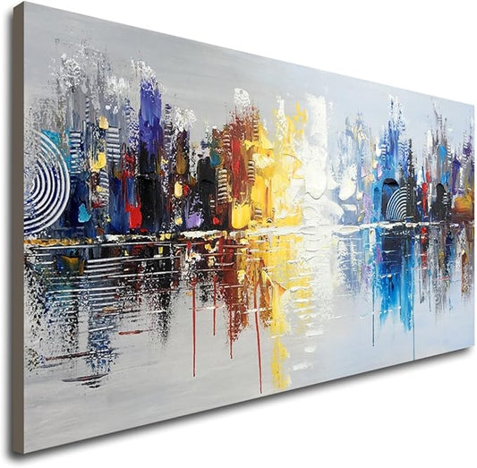 Large Hand Painted Abstract Reflection Cityscape Canvas Wall Art Modern Oil Painting Contemporary Decor Artwork (60 x 30 inch)