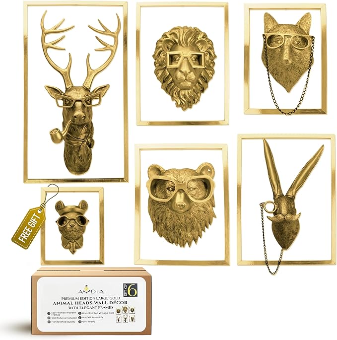 6 Packs Animal Heads Wall Decor with Wooden Frames (Squirell Gift), Large Animal Head, 3D Sculpture, Gift Ready, Easy to Install, Vintage Gold Wall Decor for Living Room, Bedroom, Office or Kitchen.