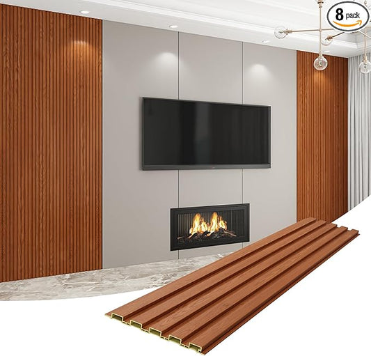 8-Pack WPC Wall Panels 118’’ x 6.3’’ 3D Slat Wall Panel Acoustic Wall Paneling for Interior Wall Decor TV Background Kitchen Bedroom Teak