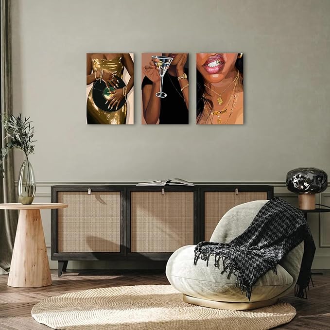 Black Woman Wall Art Set of 3, Trendy African American Women Painting Black Girl Song Lover Canvas Poster Prints Aesthetic Picture for Girls room Decor Female Bedroom Living Room Home Decoration 16x24