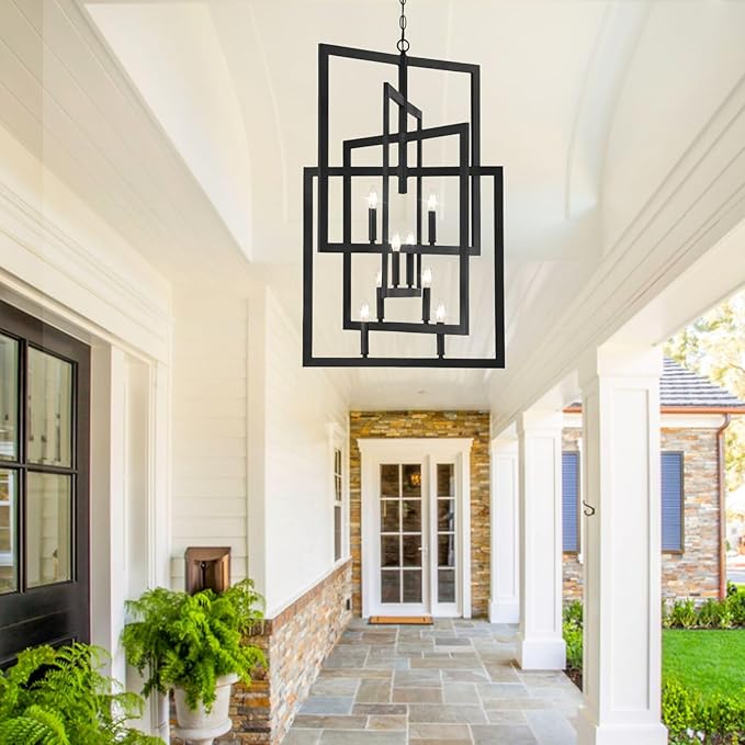 Black Farmhouse Chandelier, 8-Light Lantern Pendant Light Fixtures, Rustic Industrial Foyer Lighting Fixtures, Large Chandeliers for High Ceilings, for Kitchen Island, Hallway, Staircase, Entryway