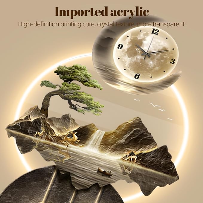 LED Light Art Wall Decor, 3D Art Wall Decor Clock, Decor Wall Sculptures with Lights, Modern Home Decor Landscape Wall Sculpture, Plug-in Power Supply, Gold C, 19x39IN