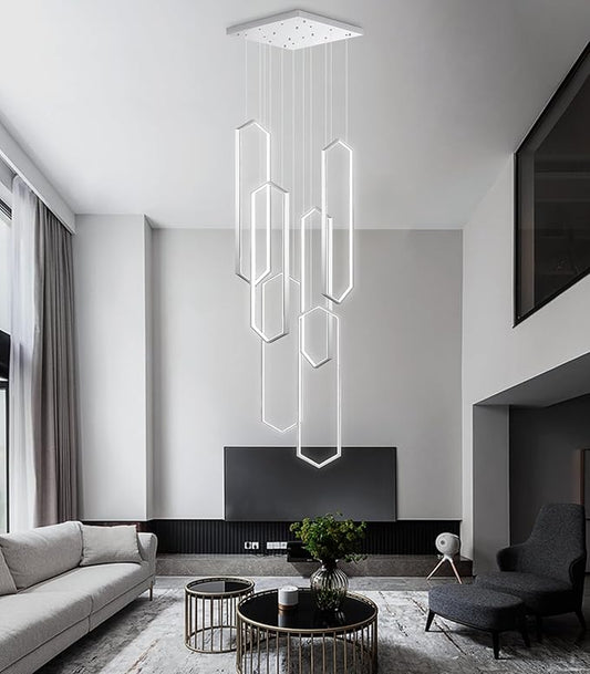 6 Rings Modern Chandelier LED Dimmable Pendant Lighting Adjust Flush Mount Ceiling Light for Foyer Lobby Living Room Staircaes Sliver 78.7''