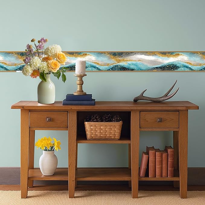 Blue Gold Marble Wallpaper Border 196x4 Inch Peel and Stick Wall Border Self Adhesive Luxury Water Wave Removable Vinyl Trim for Living Room Bedroom Bathroom Kitchen Cabinet Decoration