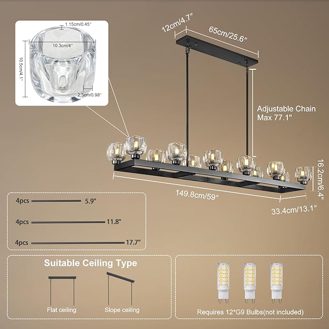 59 Inch Black Rectangle Wagon Wheel Chandeliers, Black Chandelier for Dining Room Over Table, Modern Crystal Long Chandelier, Farmhouse Large Linear Chandeliers for Kitchen Island