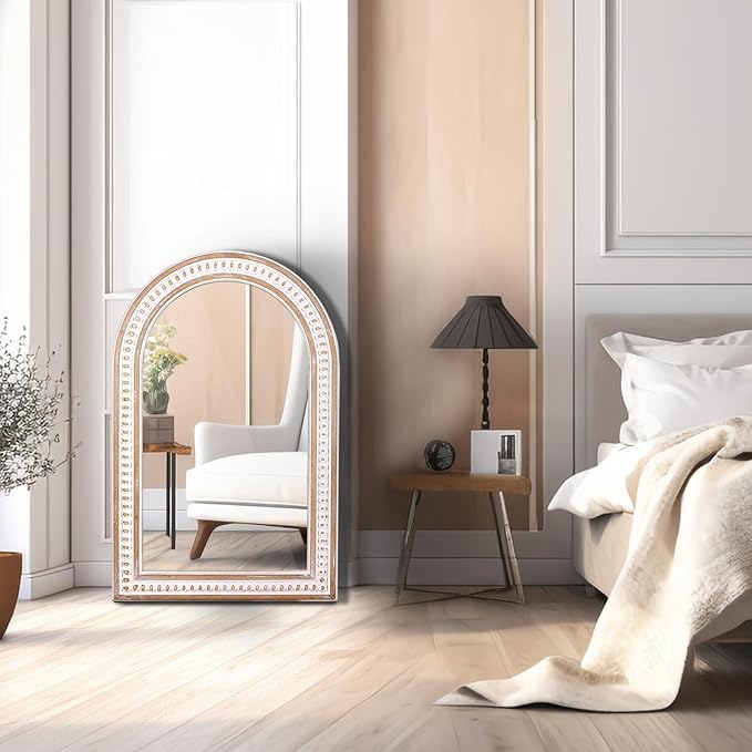 36x24 Inches Boho Wooden Arched Wall Mirror with Beaded, Rustic Farmhouse Decorative Arch Mirrors for Bathroom Vanity, Living Room, Entryway, or Foyer