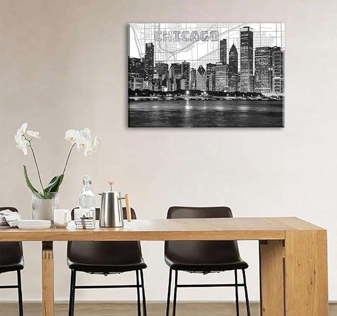 Chicago Skyline Wall Art Framed Canvas Print - Modern Black & White Panorama Cityscape Poster for Home Office Decor Ready-to-Hang Living Room Artwork 24"x36"