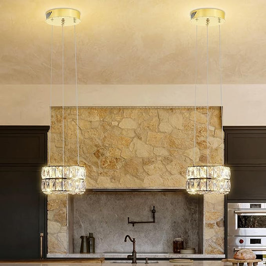 Led 11.8" Gold Ring Crystal Chandelier, Modern Dimmable Chandeliers Lighting and Hanging Adjustable, LED Round Ceiling Light Fixtures for Dining Room Living Room