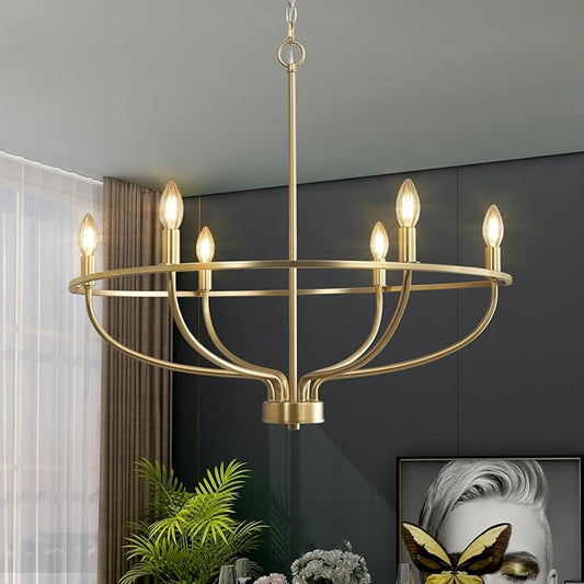 6 Light Gold Chandelier, Brushed Gold Light Fixture Dining Table Candle Brass Chandelier Lighting for Bedroom Hallway Entryway Living Room Kitchen 29in Brushed Brass Chandeliers