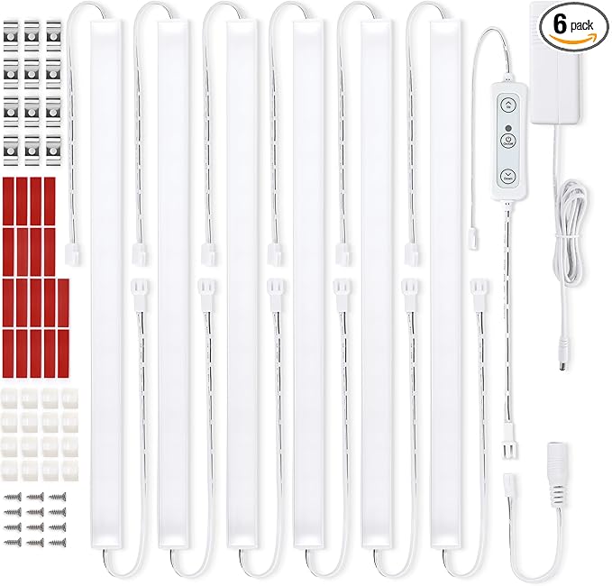 Litever Under Cabinet Lighting Kit Plug in, 6 pcs 12 Inches LED Light Bars. Super Bright Dimmable Linkable for Kitchen Undercabinet Counter Top Shelf Pantry Closet Display Lighting. Warm White 3000K