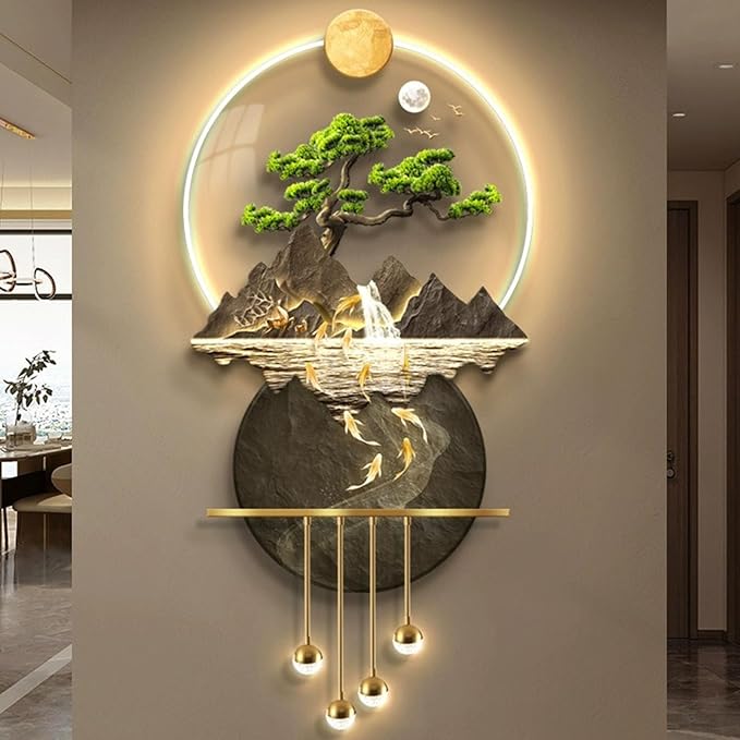 3D Art Wall Decor, Wall Sculptures Hanging Painting Koi Fish Welcoming Pine Wall Art Decoration Lamp,Oriental Decor Traditional Chinese Feng Shui Wall Hanging Painting,Wireless Remote Control