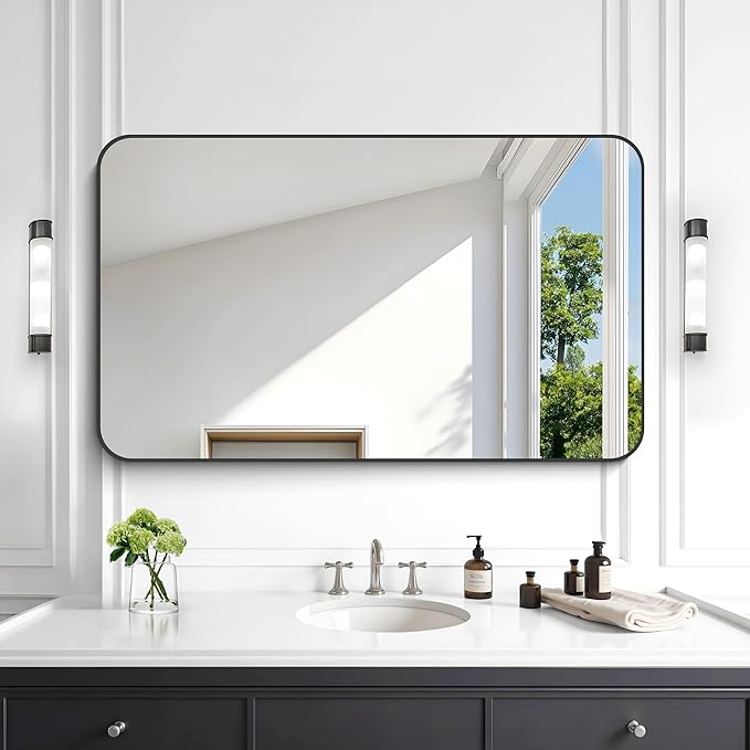 KOCUUY Bathroom Mirror 24" x 40", Black Rectangle Mirror with Metal Frame, Matte Black Vanity Mirror Rounded Corner Decorative for Bedroom, Living Room, Entryway (Horizontal/Vertical)