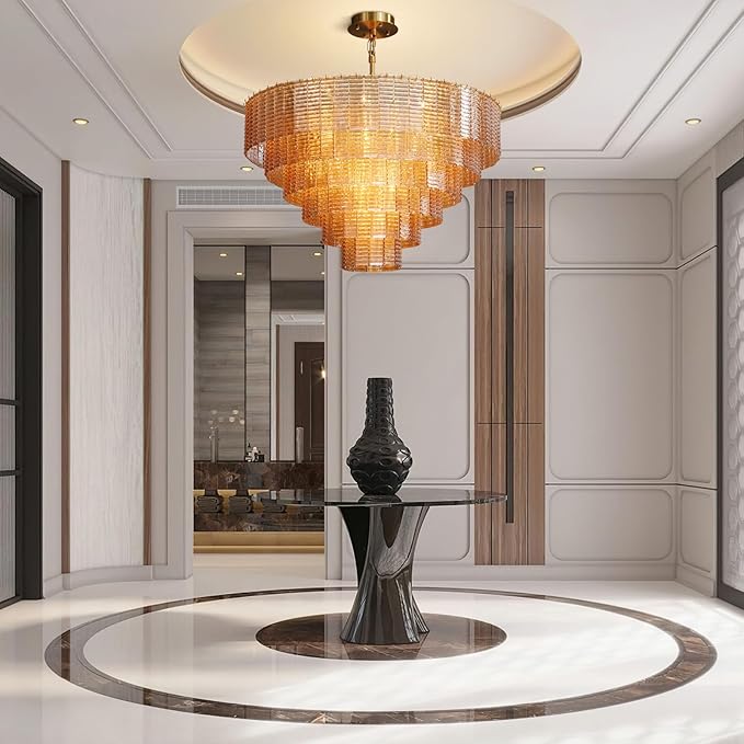 41" Large Chandelier, 18-Light Gold Chandelier for Ding Room, Tiered Amber Round Drum Chandeliers, Crystal Glass Kitchen Island Hanging Light Fixture for Living Room, Foyer, Entryway & Bedroom