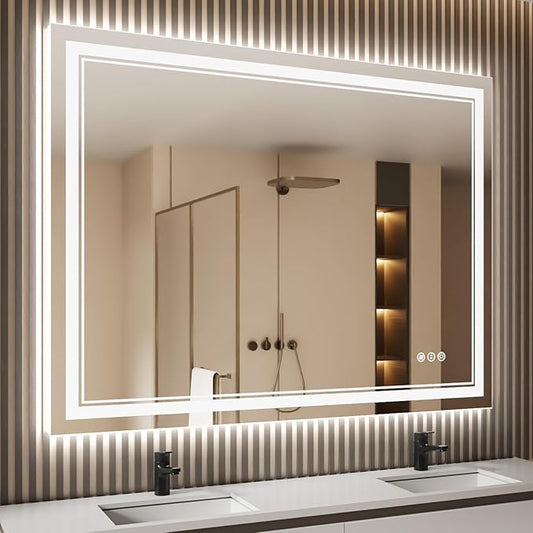 48 x 40 Inch LED Bathroom Mirror with Lights, Backlit and Front Lighted Bathroom Mirrors for Wall, Anti-Fog Dimmable Memory Shatterproof LED Vanity Mirror for Bathroom
