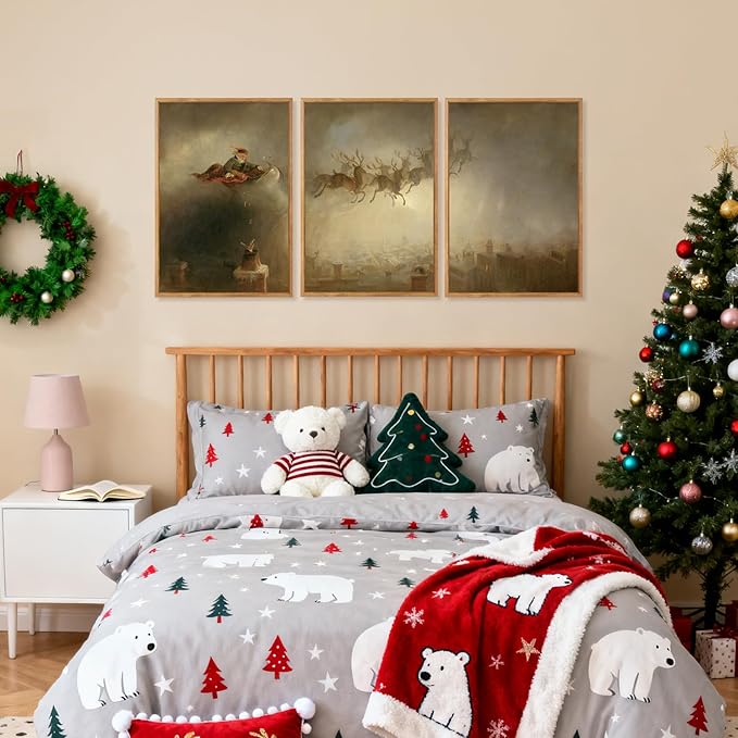 Aurlan Vintage Santa's Sleigh Rides Framed Wall Art(16"x24"), 3PCS Mid Century Modern Moody Black Christmas Eve Santa Claus with Reindeer Sleigh Canvas Artwork, Neutral Abstract Xmas Winter Holiday Gift Decor for Home Office Bedroom