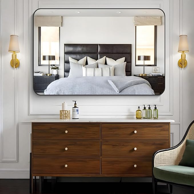 KOCUUY Black Bathroom Mirror 60"x40", Large Vanity Mirror with Rounded Corner, Metal Black Frame with Mordern Design for Bathroom, Living Room, Entryway, Hang Horizontal/Vertical
