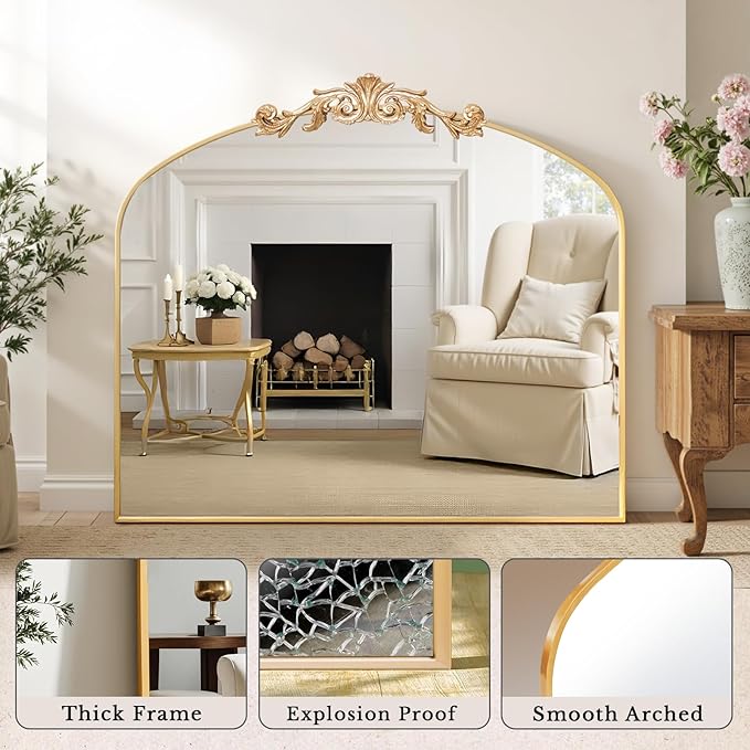 MISSDAY Vintage Arched Baroque Mirror for Wall, 36"X30" Antique Wall Mirror with Elegant Carving Top, Full Metal Frame Wall-Mounted Mirror for Bathroom, Living Room, Fireplace, Entryway, Hallway, Gold