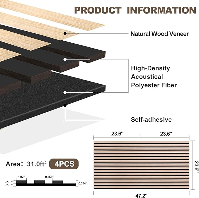AKK-PANE 4 PCS Self-Adhesive Acoustic Wood Slat Wall Panels, 47.2" x 23.6" 31.0ft² for Interior Wall Decor, 3D Wall Panels Peel and Stick, Wall Wood Panels for Office Bedroom Living Room (Classic Oak)
