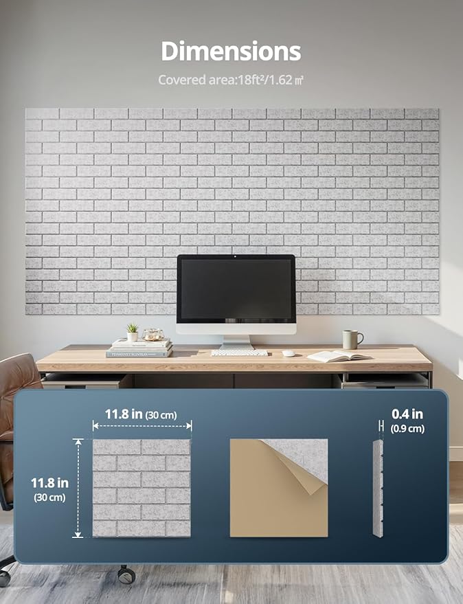 Acoustic Wall Panels, Brick Pattern Peel and Stick Sound Absorbing Panel for Ceiling, Door, Pared, 18 Pack 12"x12"x0.4", Grey Decorative Self Adhesive Wall Tiles for Recording Studio, Room