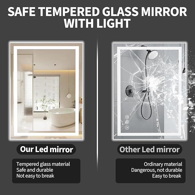 Koonmi 28"x20" LED Mirror for Bathroom, 90CRI Anti-Fog Vanity Mirror with Front and Backlight, Shatter-Proof Wall Mirror with Light, Easy Install Lighted Mirror for Modern Bathroom (IP65)
