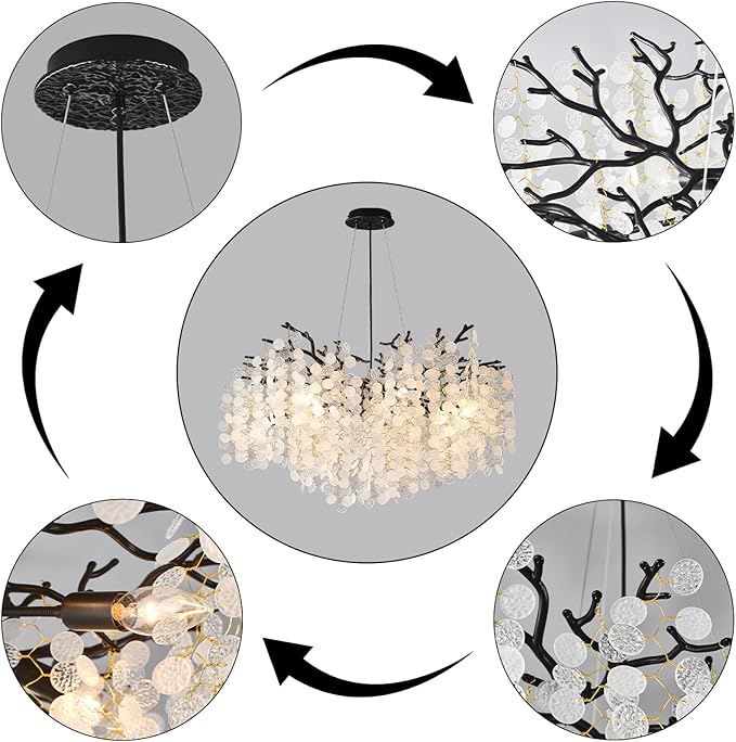 32 Inch Coastal Light Fixture, 10-Light Capiz Shell Chandelier, Modern Black Bedroom Chandeliers, Dining Room Foyer Lighting Fixtures, Boho Chandelier for Living Room Entryway