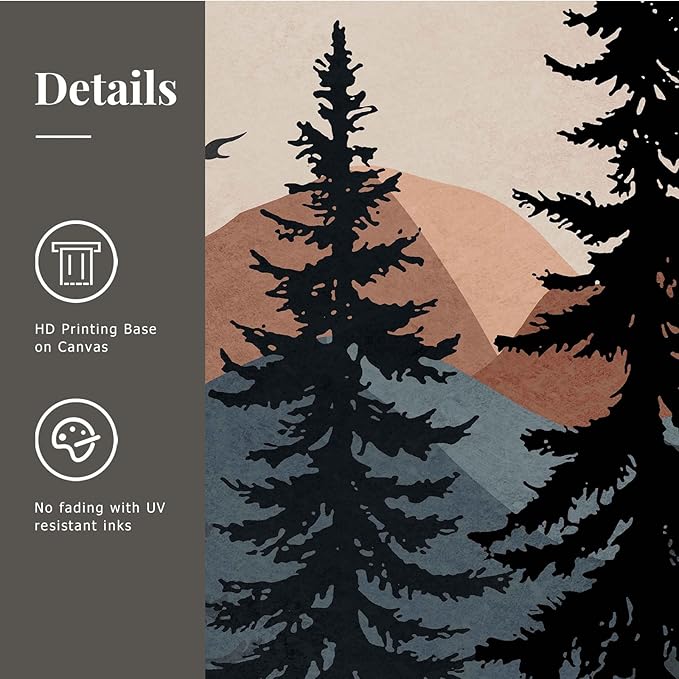 Large Boho Mountain Wall Art Framed Canvas Mid Century Nature Landscape Sunrise Theme Abstract Black Pines Tree Forest Wall Decor for Living Room, Bedroom, Office - 24x36 Inch, 3 Panels