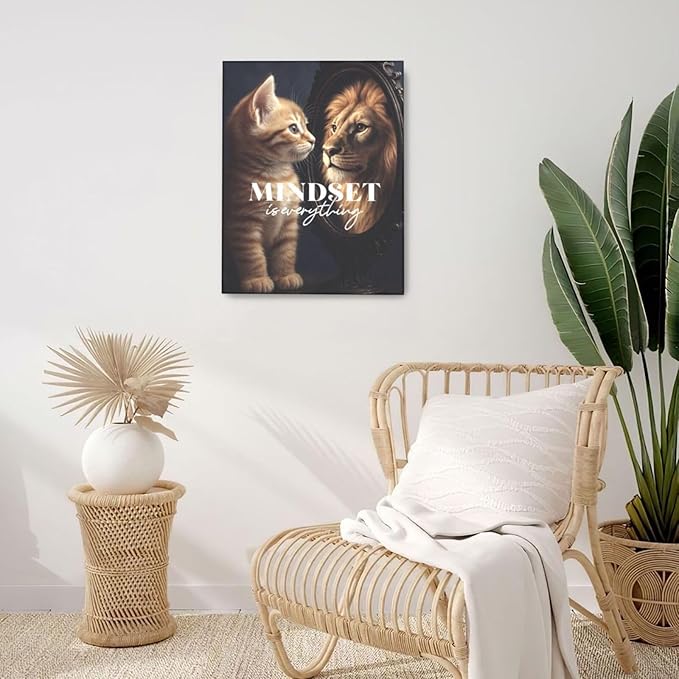 Motivational Lion And Cat Wall Art For Kids Mindset Is Everything Nursery Canvas Wall Decor Inspirational Pictures Paintings Prints Artwork Framed Decorations For Children's Room Bathroom Bedroom Living Room Office Gifts 16" x 20"
