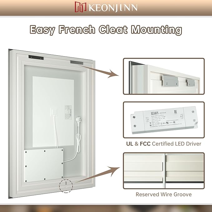 Keonjinn LED Bathroom Mirror with Light, 28x36 in Frontlit and Backlit, Stepless 3 Colors Temperature & Dimmable Wall Mirror, UL Listed LED Driver, Double LED Strips, Tempered Glass LED Vanity Mirror