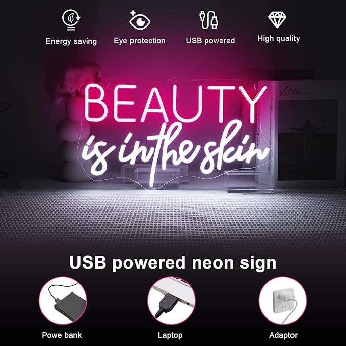 Lucunstar Beauty Is In The Skin Neon Sign,LED Neon pink cool white letters for facial spa wall neon for girl's room wall decoration beauty salon sign skincare salon beauty shop decoration