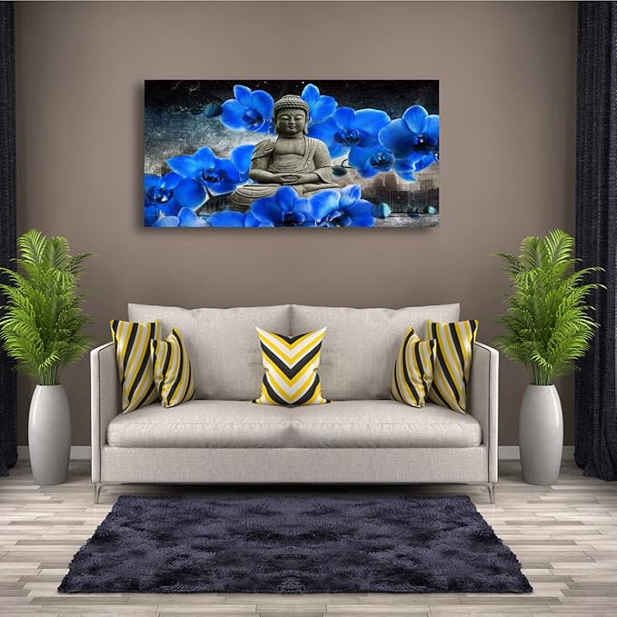 Buddha Pictures Wall Art Canvas Prints Home Decor Grey Zen Blue Flower Painting for Living Room Bedroom Bathroom Office Home Kitchen Decoration Asia Hindu Artwork 24x48 Wooden Frames Easy Hanging