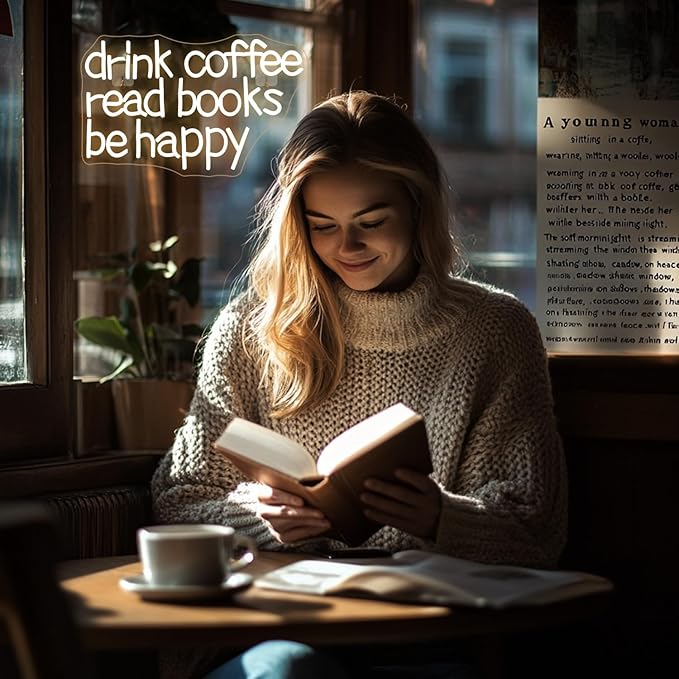 Looklight Drink Coffee Read Books Be Happy Neon Sign Warm White Read Books Led Neon Light for Wall Decor Dimmable USB Neon Light Up Signs for Classroom Coffee Shop Bookstore Library Museum Study Room