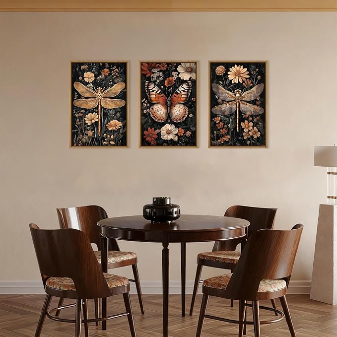 Large Vintage Butterfly and Dragonfly Wall Decor Framed Canvas Wall Art,Retro Blossom Leaf Wall Decor,Dark Insect Plant Artwork,Moody Animal Floral Art Print for Living Room,Bedroom- 24"x36"x3