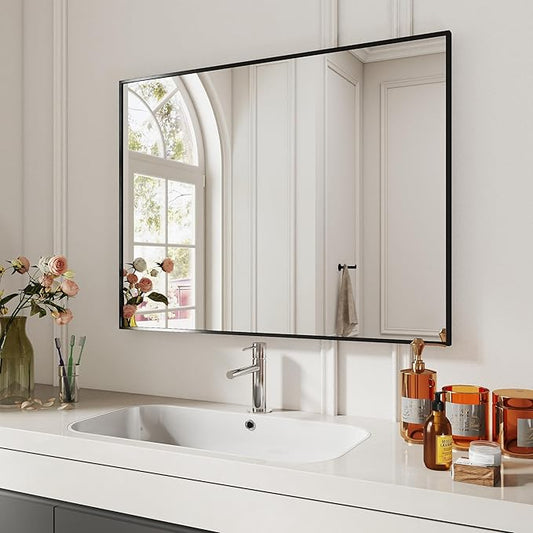 40x30 Matte Black Framed Bathroom Mirror, Large Rectangle Wall Mirror, Rectangular Vanity Mirror Farmhouse, Anti-Rust, Tempered Glass, Shatter-Proof, Easy to Install Vertically/Horizontally