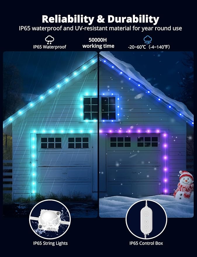 APPECK Permanent Outdoor Lights 50ft with 45 LEDs, RGB Color Changing Outdoor String Lights with 60lm Warm White, 111+ Scene Modes, APP/Voice/Remote Control, for Windows Storefront Holiday Decor
