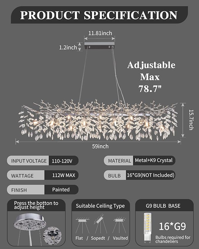 Modern Tree Branch Chandelier, 16 Lights Rectangular 59" Crystal Silver Chandeliers Height Adjustable for Kitchen Island Dining Room Living Room