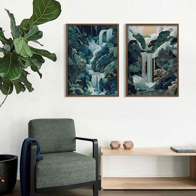 2pcs Framed Japanese Canvas Wall Art Painting Large Waterfall Scenery Poster Print Wrap Canvas Artwork Nature Scenery Abstract Blue Waterfall Zen Art Print Living Room Bedroom Office Decor 16x24 Inch