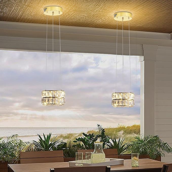 Led 11.8" Gold Ring Crystal Chandelier, Modern Dimmable Chandeliers Lighting and Hanging Adjustable, LED Round Ceiling Light Fixtures for Dining Room Living Room