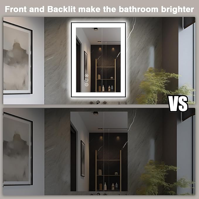 24x32 LED Bathroom Mirrors for Wall -Black Aluminum Framed (Front and Backlit), Anti-Fog Vanity Mirror With Lights,Stepless Dimmable Lighted Mirror,3 Colors Smart Mirror(Horizontal/Vertical)