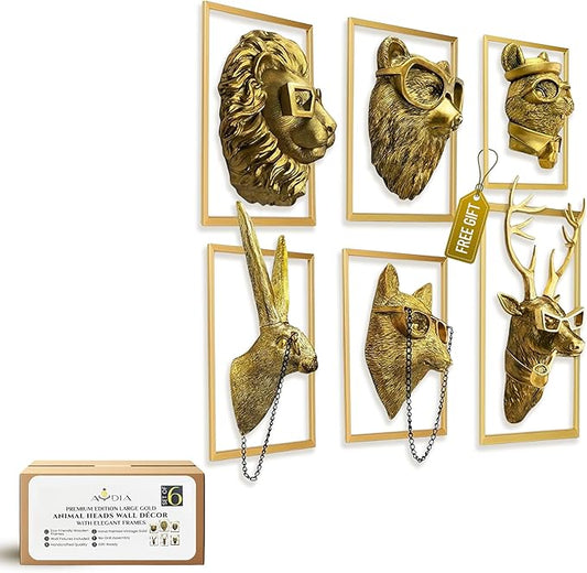 6 Packs Animal Heads Wall Decor with Wooden Frames (Squirell Gift), Large Animal Head, 3D Sculpture, Gift Ready, Easy to Install, Vintage Gold Wall Decor for Living Room, Bedroom, Office or Kitchen.