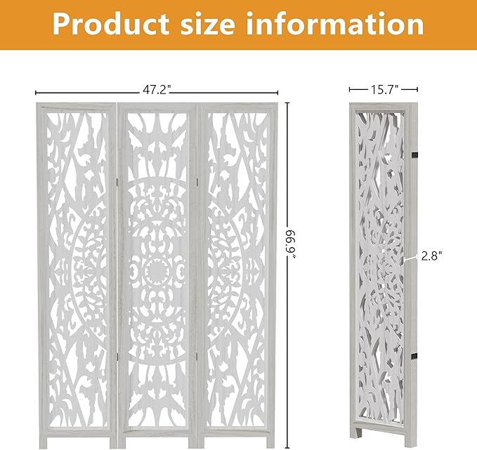 Casaphoria 3 Panels Room Divider, Folding Screen Room Divider with Carved Floral Pattern for Home Office, Restaurant and Bedroom, Paulownia Wood, 47" W x 67" H (White)