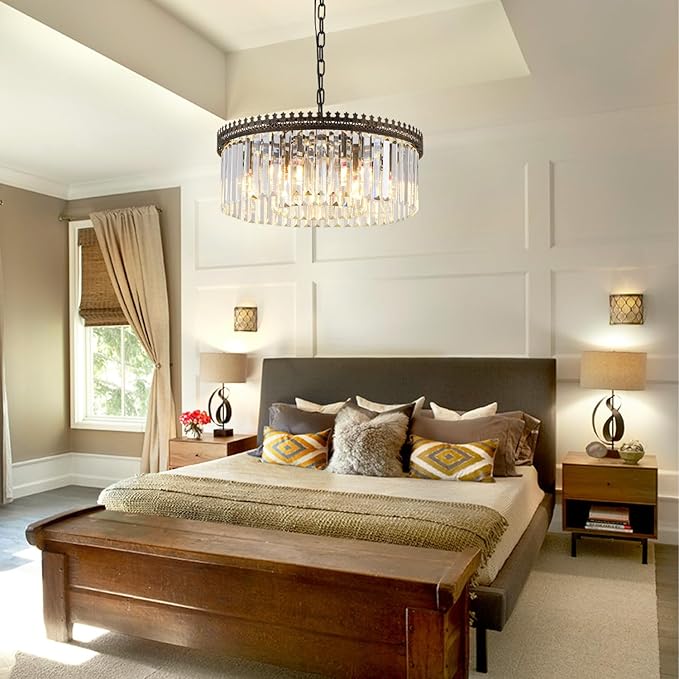 6-Light Crystal Chandelier, 21.6" Modern Farmhouse Crystal Light Fixture, Vintage Antique Bronze Round Hanging Lighting Fixture for Dining Room Foyer Living Room Entryway