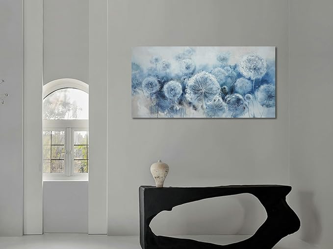 Arjun Wall Ar for Living Room, Dandelion Painting Flower Indigo Floral Canvas Art Wall Decor, Blue and White Textured Bedroom Artwork Framed for Home Office 40"x20"