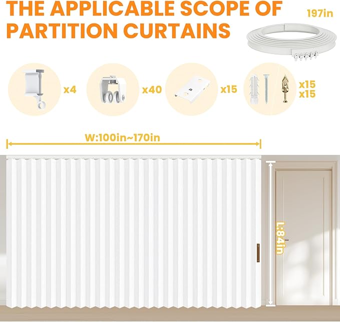 100% Blackout Room Divider Curtains Screen Partitions, Blackout Sound Reducing Divider Room Panel for Doorway Glass Window Sliding Door Patio(White, W180 x L84, 1 Pack)