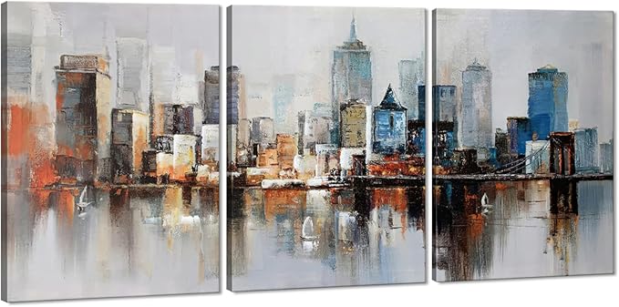 MAMAGO Abstract Canvas Wall Art 3 Pieces Modern Colorful New York Skyline Poster for Living Room Bedroom Home Office Cityscape Artwork Framed Ready to Hang-20”W x 28”Hx3pcs