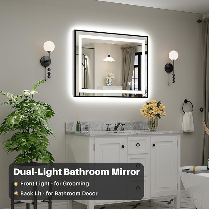 40x30 Inch LED Bathroom Mirror with Black Frame, Backlit & Front Lit, Anti-Fog Lighted Bathroom Vanity Mirror for Wall, Memory Function, Dimmable, HD Tempered Glass, Shatter-Proof