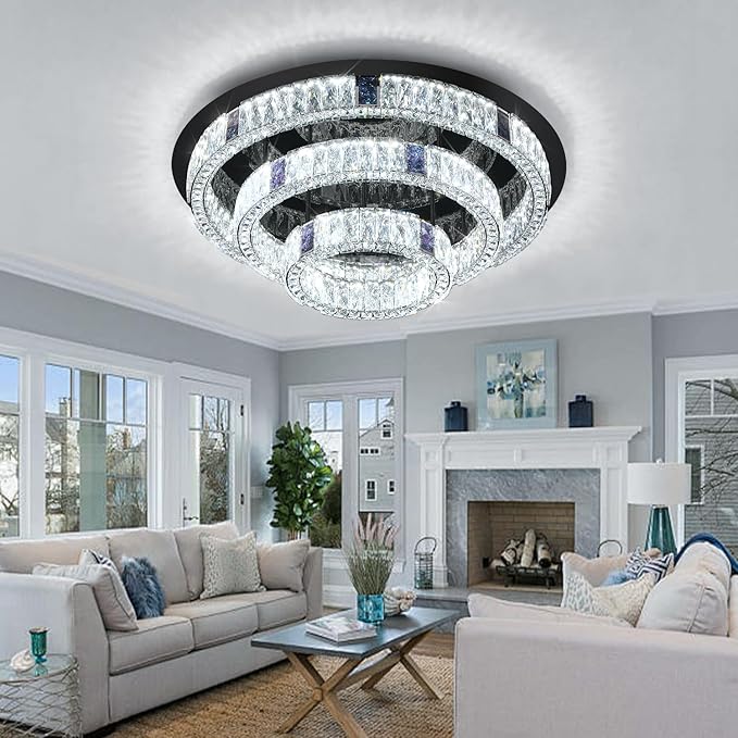 32'' Modern Flush Mount Crystal Chandelier for Living Room Round Ring Chandelier Black 3-Tier Crystal Ceiling Light for Dining Room Kitchen Bedroom Dimmable Lighting
