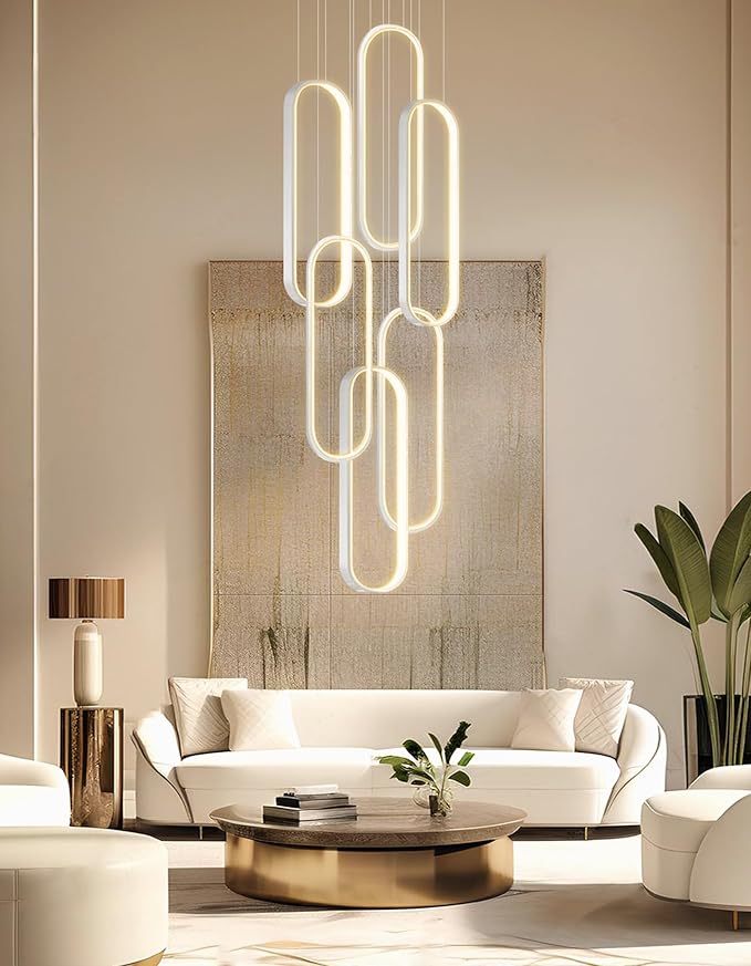 6 Rings Modern Chandelier LED Dimmable Pendant Lighting High Ceiling Chandelier for Entrance Foyer Lobby Living Room Staircaes Sliver 78.7''