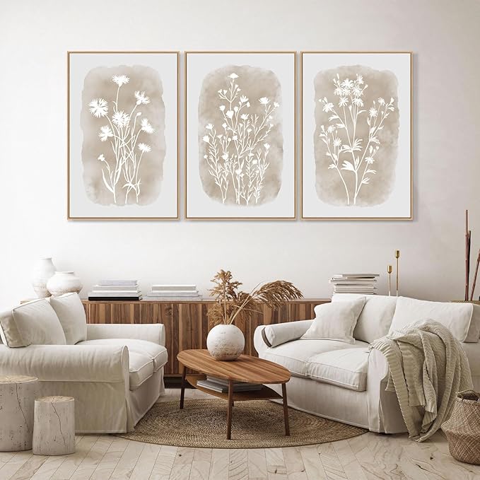 Neutral Wildflower Framed Wall Art Boho Botanical Vintage Minimalist Floral Canvas Farmhouse Wall Decor Beige Prints for Living Room Bedroom Office, 3 Panels, 16x24 Inch
