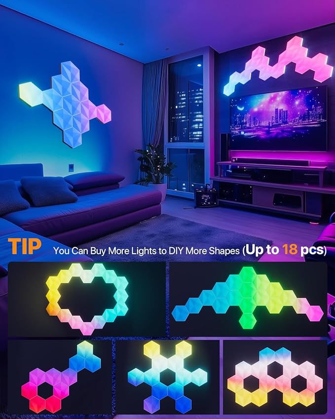 10 Pack Smart Hexagon Light Panels, 55mm RGBIC Color Changing with App & Remote, Music Sync for Gaming Room/Party Decor